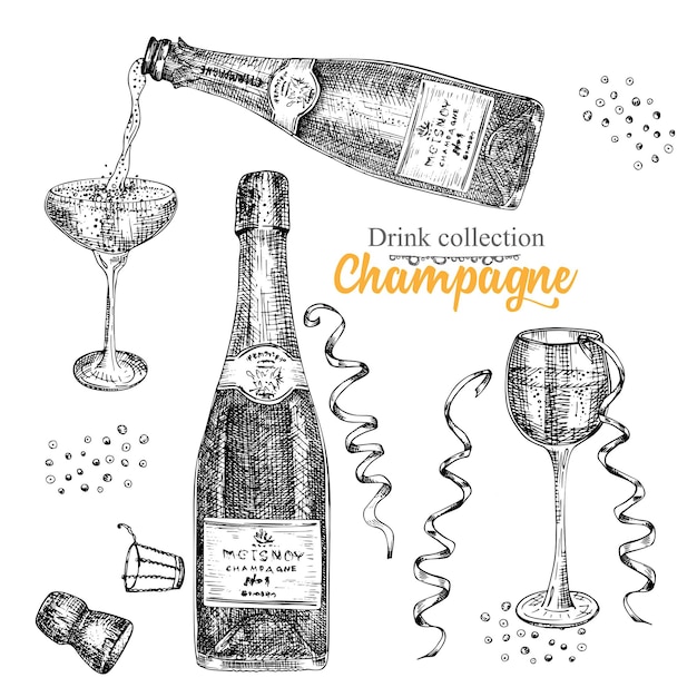 Vettore impostare lo schizzo disegnato a mano bottiglia e bicchieri champagne design vintage bar ristorante menu caffetteria su sfondo bianco arte grafica vettoriale modello creativo per poster banner flyer