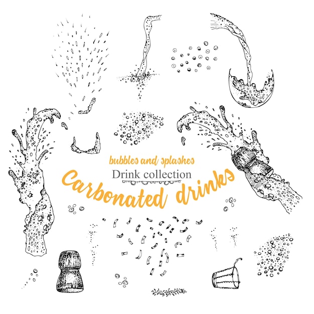 Set hand drawn sketch bursts bubbles foam carbonated drinks champagne bottles exploding textures and backgrounds Graphic vector art