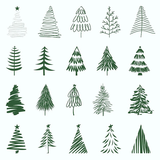 Set of hand-drawn sketch Christmas and New Year tree. Vector illustration.