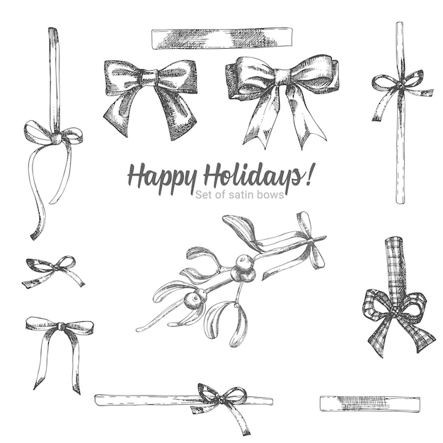 Set of hand drawn sketch holiday satin bow Vintage style Traditional christmas decoration For design holiday card invitation poster banner