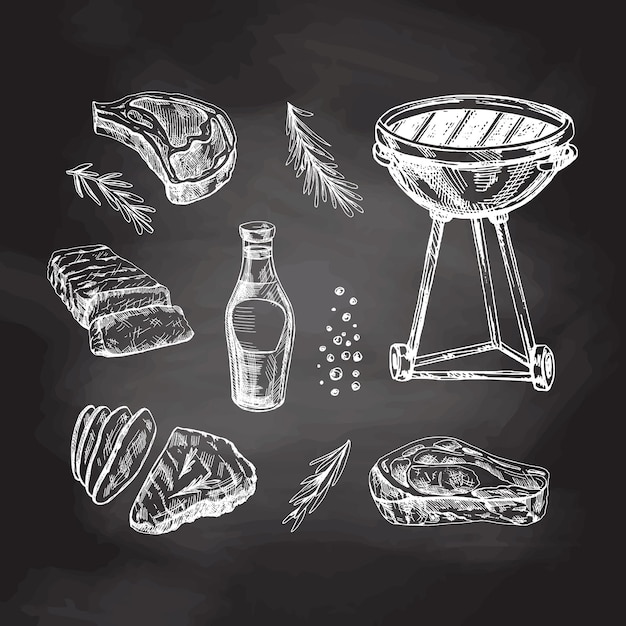 A set of hand drawn sketches of barbecue elements on chalkboard background