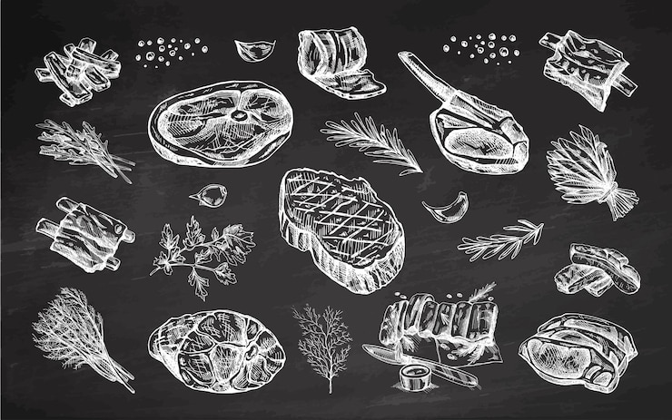 Vector set of hand drawn sketches of barbecue meat pieces with herbs for design of the menu on chalkboard