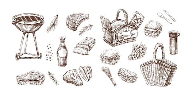a set of hand drawn sketches of barbecue and picnic elements for the design of the menu