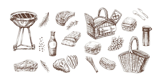 A set of hand drawn sketches of barbecue and picnic elements for the design of the menu