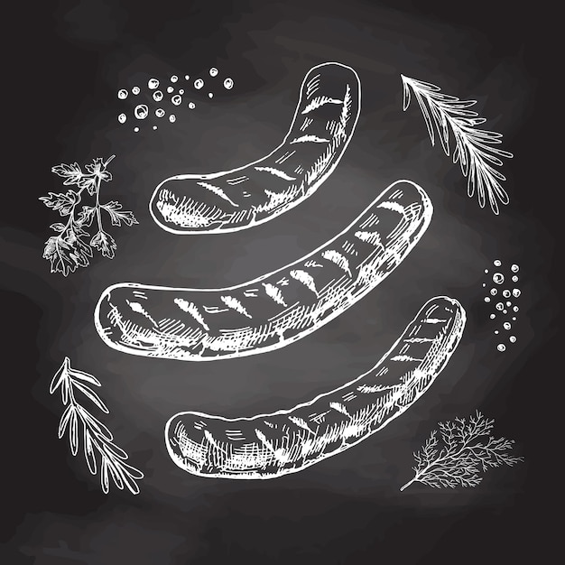 A set of hand drawn sketches of barbecue sausages with seasonings on chalkboard background