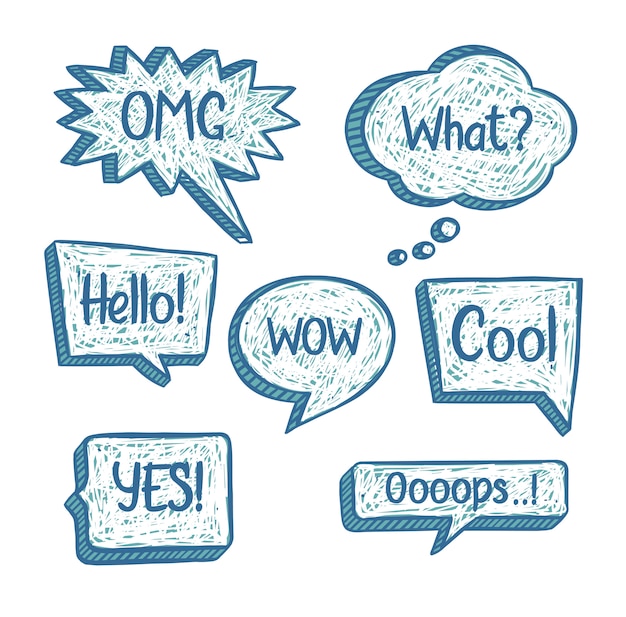 Set of hand drawn speech bubbles in doodle style with short phrases and scribble texture. talk clouds collection in sketchy style