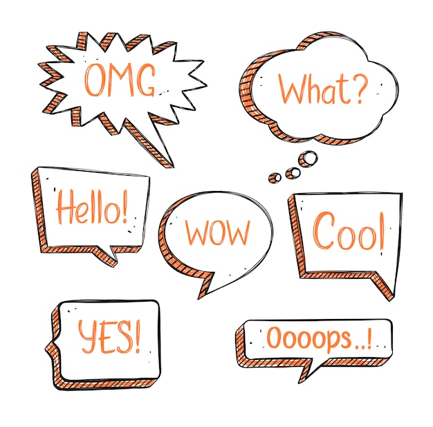 Vector set of hand drawn speech bubbles in doodle style with short phrases.