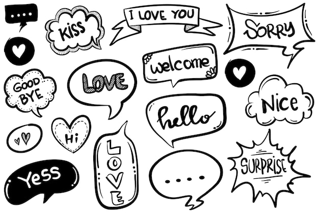 set of hand drawn speech bubbles with dialog words hello love bye hi vector illustration