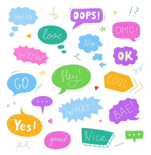 Vector set of hand drawn speech bubbles with text: hello, love, ok, wow, no, oops. vector illustration.