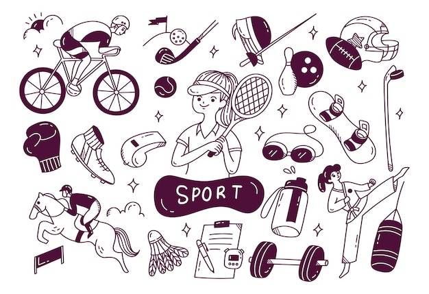 Set of hand drawn sport equipment, athlete related object