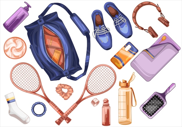 Set of hand drawn Sport items Sport bag tennis rockets shoes bottle towel gadgets and cosmetic