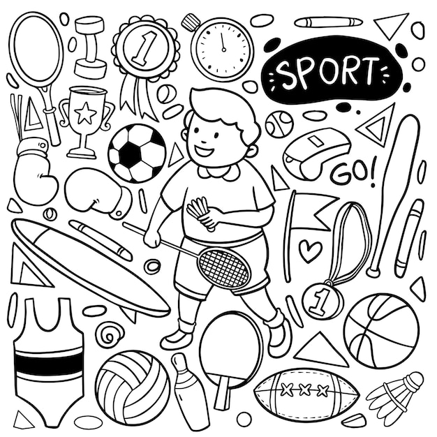 Vector set of hand drawn sport theme isolated on white background doodle set of sport theme vector illustration