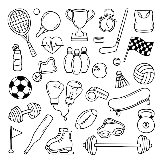 Set of hand drawn sports and fitness doodle