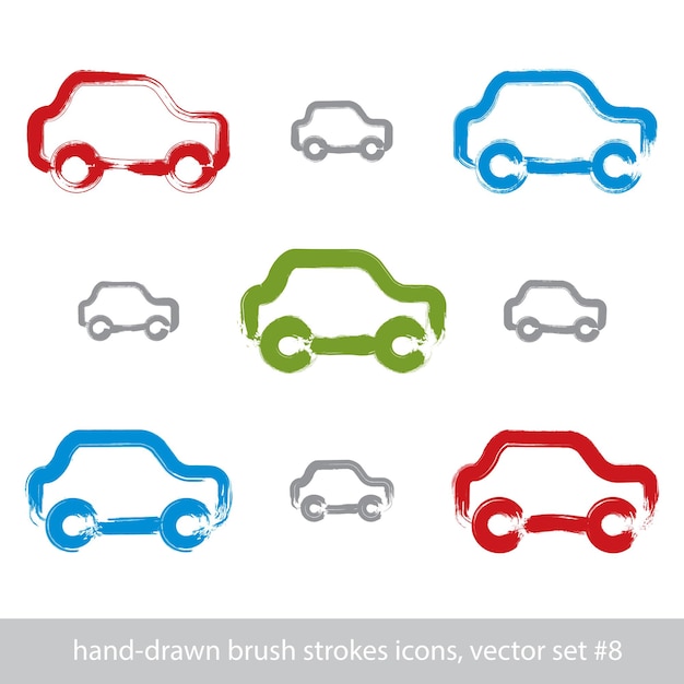 Set of hand-drawn stroke colorful car icons, collection of illustrated brush drawing passenger cars, hand-painted automobiles isolated on white background, transportation icons.