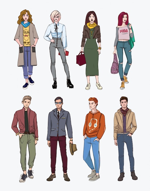 Set of hand drawn stylish young people at street. collection fashion, trendy youth. colorful illustration.