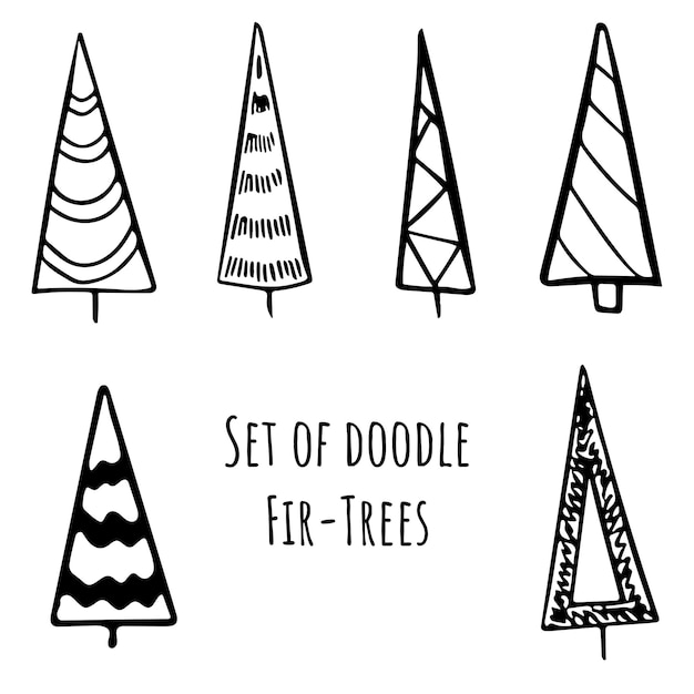 Set di alberi di natale stilizzati disegnati a mano in stile doodle. illustrazione vettoriale d'archivio