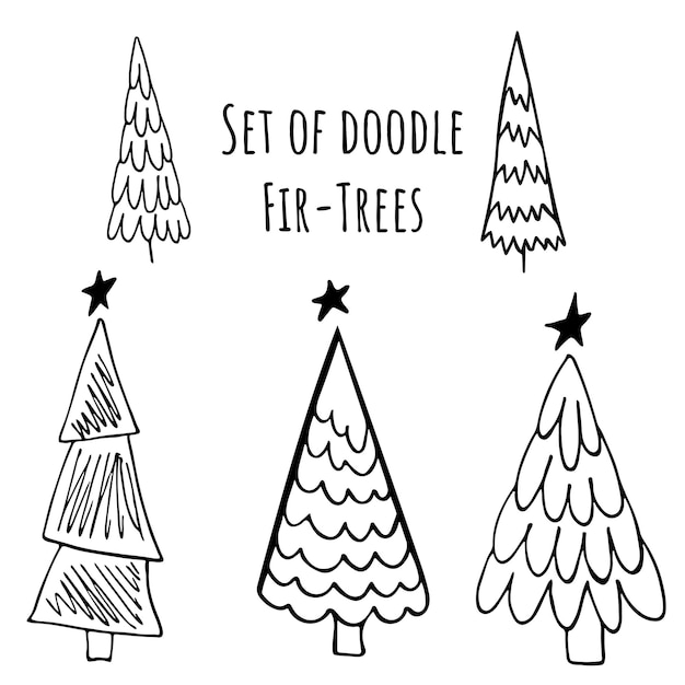 Set of Hand drawn stylized christmas trees in doodle style. Stock vector illustration