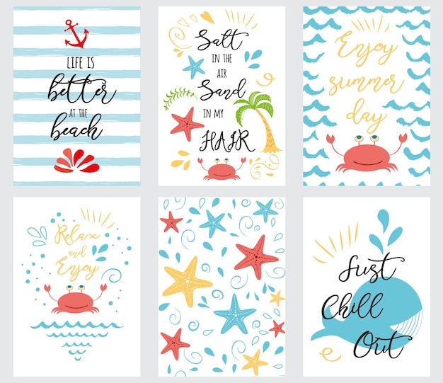 Set di carte estive disegnate a mano e banner mare oceano frasi vacanze estive