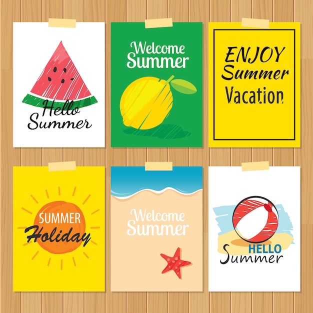 Vector set of hand drawn summer cards.label of vacation flat design.