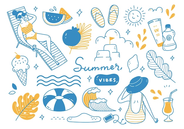 Vector set of hand drawn summer doodles