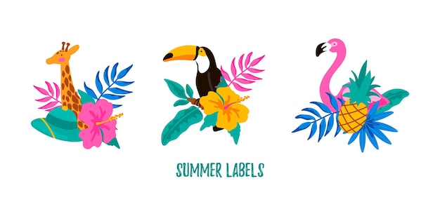 Set of hand drawn summer labels with giraffe flamingo toucan tropical leaves flowers and pineapple