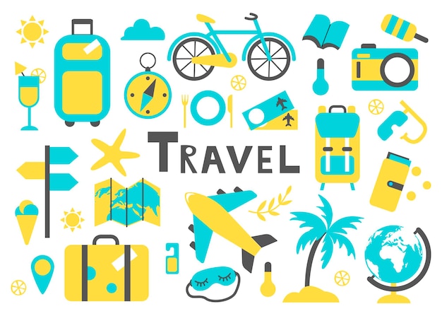 set of hand drawn summer vacation travel elements. travel element drawn in flat style.