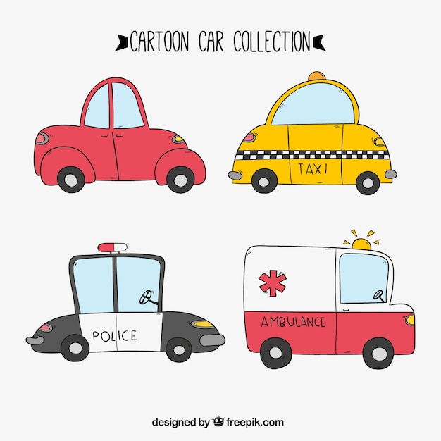 Vector set of hand drawn taxi and other car