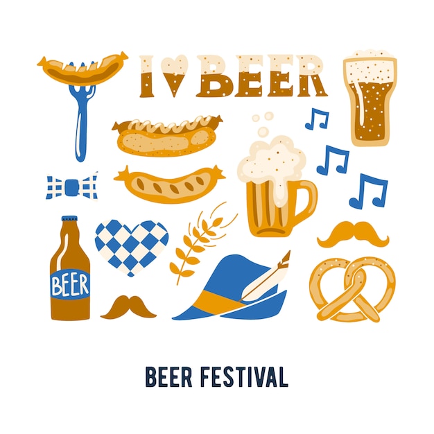 Set di attributi del festival della birra tradizionale disegnati a mano.