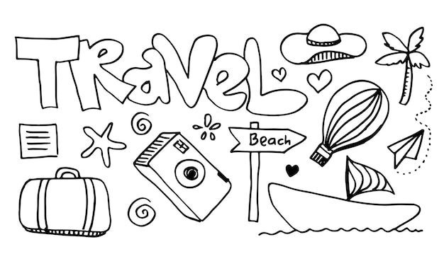Vettore insieme dell'illustrazione disegnata a mano di vettore di scarabocchio di viaggio. doodle art world travel collection design.