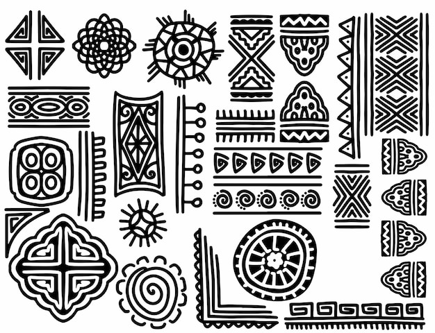 Set of hand drawn tribal ornaments Abstract geometric ethnic object brushes Monochrome isolated on white background