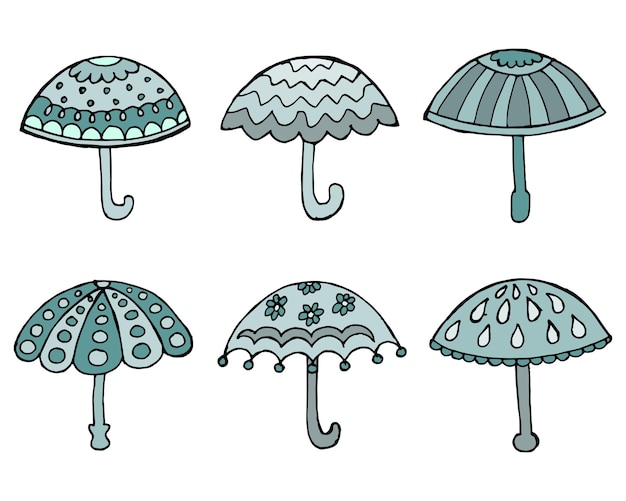 Set of hand-drawn umbrellas with ornaments. Print, textile, vector