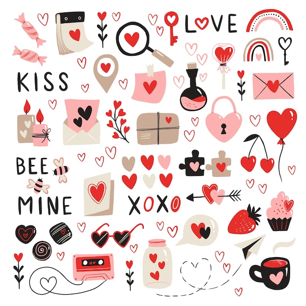 Set of hand drawn Valentines Day elements isolated on white background Hearts calendar potion key heartshaped lock candles note present envelope Vector doodle elements for Valentines Day