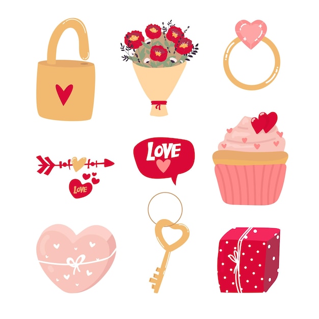 Vector set of hand drawn valentines day flat vector icons