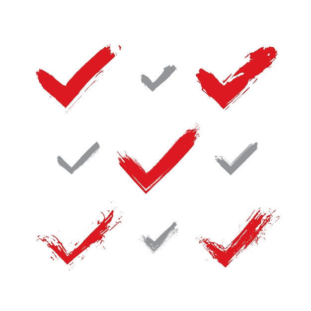 Set of hand-drawn validation icons scanned and vectorized, collection of brush drawing red checkmarks, hand-painted navigation symbols isolated on white background.