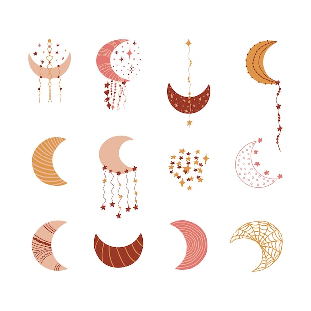 Vector set of hand drawn various boho moon crescents decorated with stars, stripes, cobweb, hearts, beads