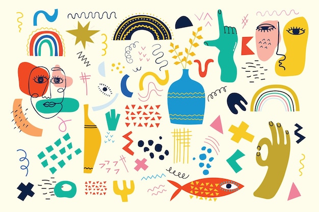 Set of hand drawn various faces shapes and doodle objects abstract contemporary modern vector illust...