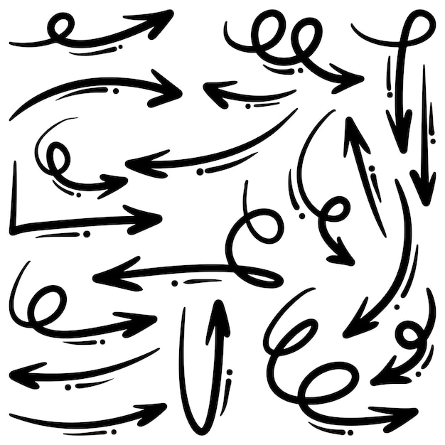 白い背景のデザイン要素のベクトル図に手描きベクトル矢印落書きのセット