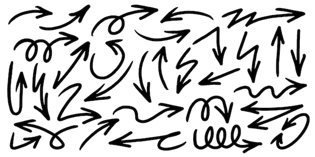 白い背景のデザイン要素のベクトル図に手描きベクトル矢印落書きのセット