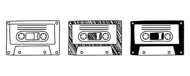 Set of hand drawn vector Audio cassette tape in doodle cartoon style