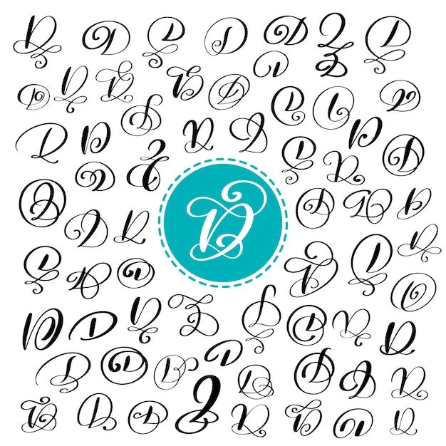 Vector set of hand drawn vector calligraphy letter d script font isolated letters written with ink handwritten brush style