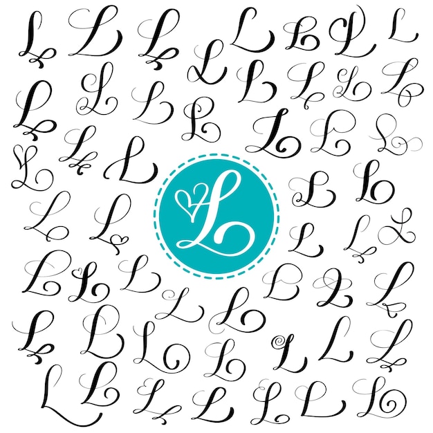 Vector set of hand drawn vector calligraphy letter l script font isolated letters written ink handwritten