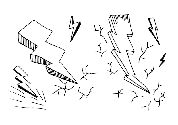 Набор нарисованных вручную векторных каракулей электрические молнии символ эскиз иллюстрации символ грома значок каракули