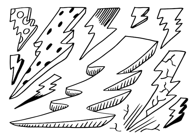 손으로 그린 터 도들 세트 전기 번개 기호 스케치 일러스트레이션 천둥 기호 도들 아이콘
