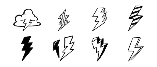 Set of hand drawn vector doodle electric lightning bolt symbol sketch illustrations thunder vector ilustration