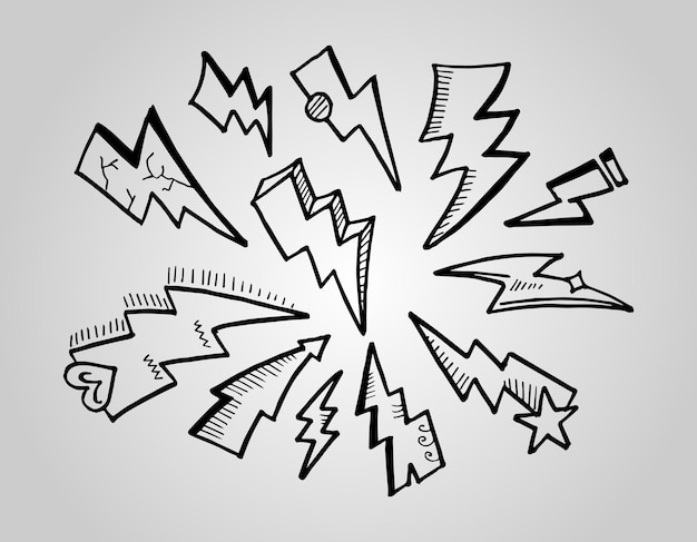Набор нарисованных вручную векторных каракулей электрические молнии символ эскиз иллюстрации вектор грома.