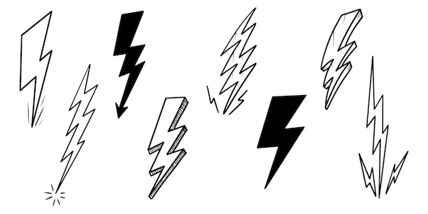 Insieme delle illustrazioni di schizzo di simbolo del fulmine elettrico di doodle di vettore disegnato a mano. illustrazione vettoriale.