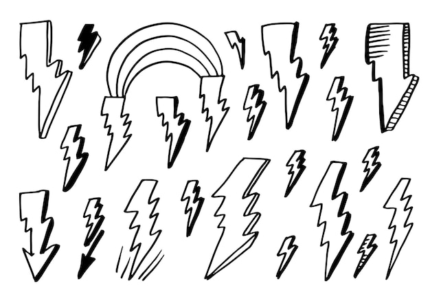 Insieme delle illustrazioni elettriche disegnate a mano di schizzo di simbolo del fulmine di scarabocchio di vettore.