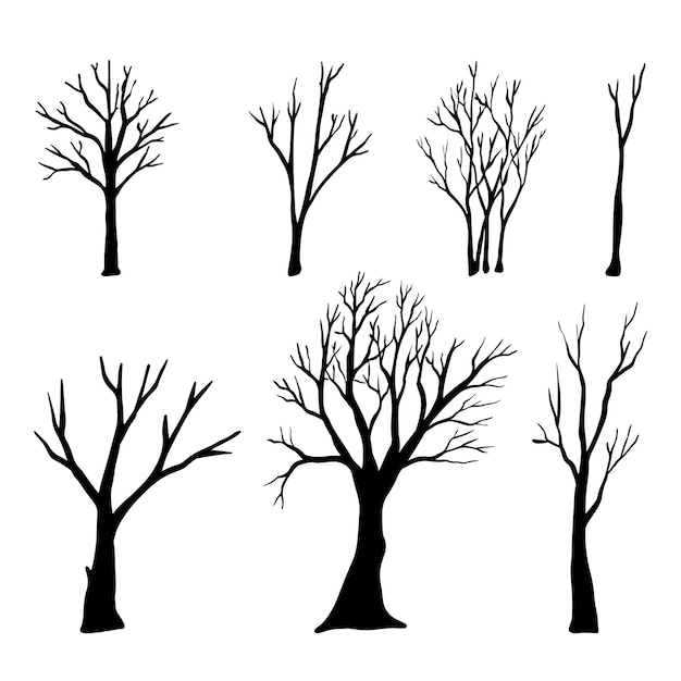 Set di scarabocchi vettoriali disegnati a mano sagome di alberi nudi schizzo illustrazioni illustrazione vettoriale