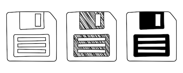 Vector set of hand drawn vector floppy disc in doodle cartoon style