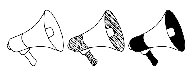 Insieme del megafono della mano di vettore disegnato a mano nello stile del fumetto di scarabocchio